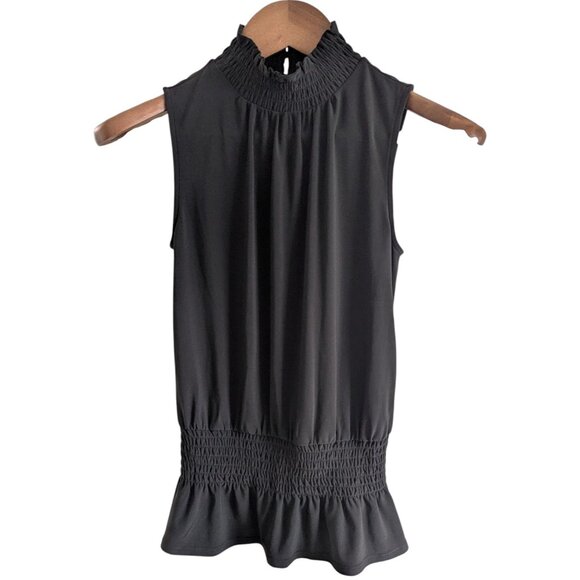 WHBM NWOT XXS Black Sleeveless Mock Neck Smoked Peplum Blouse Top - Picture 2 of 6